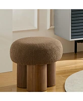 Mushroom stool, brown lamb wool seat, barrel Pvc pipe with walnut veneer
