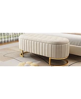 Velvet Upholstered Ottoman Storage Bench, Button-Tufted, Beige