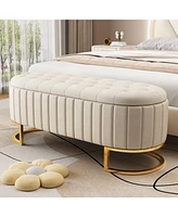 Velvet Upholstered Ottoman Storage Bench, Button-Tufted, Beige