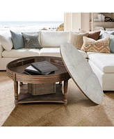 Round Waterproof Ottoman Table: Tufted Storage Coffee Table with Shelf