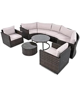 9-Pieces Outdoor Half-moon Patio Sofa Set, Round Sofa Set, Modern Style Sofa, Brown Wicker, Beige Cushion