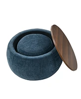 Round Storage Ottoman, 2 in 1 Function, Work as End table and Ottoman,with small seat,Dark blue(25"x25"x14.7")