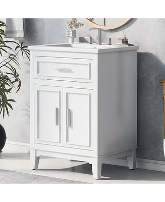 24" Bathroom Vanity with Sink, Bathroom Vanity Cabinet with One Flip Drawer and Doors, Solid Wood and Mdf, White