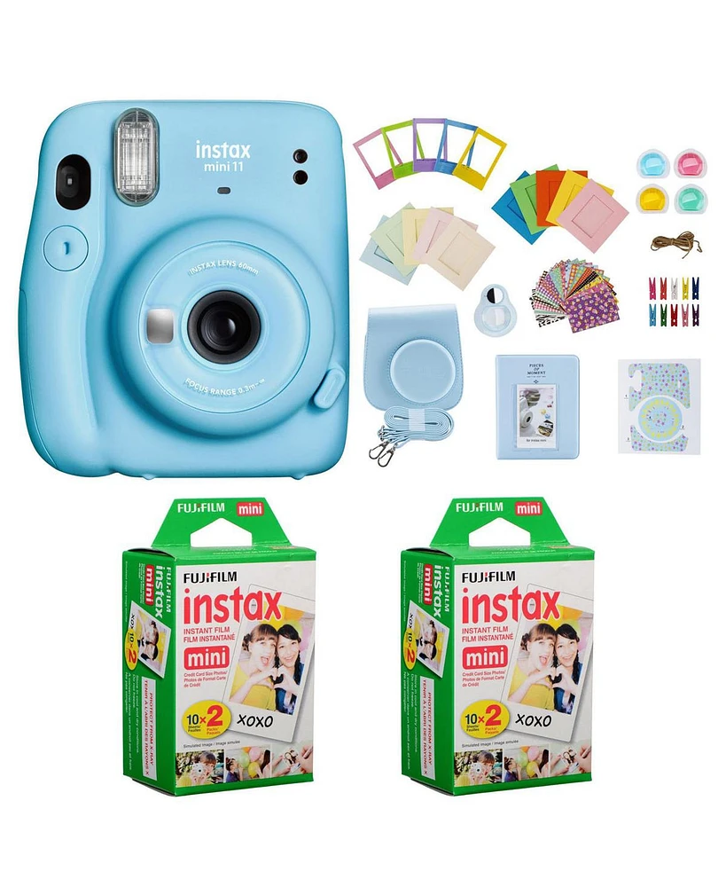 Fujifilm Instax Mini 11 Instant Camera (Sky Blue) Bundle with Case, 2X Fuji Instax Mini Instant Film Twin Pack