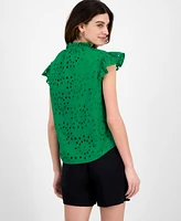 Anne Klein Women's Cotton Flutter-Sleeve Eyelet Blouse
