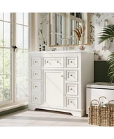 36" Bathroom Vanity with Sink Combo, One Cabinet and Six Drawers, Solid Wood and Mdf Board, White