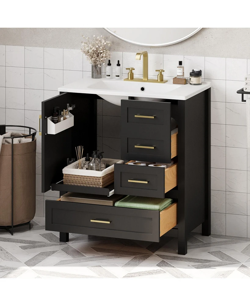 30" Black Bathroom Vanity with Soft-Close Storage