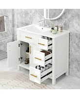 36" White Bathroom Vanity with Solid Wood and Mdf Cabinet, Sink Top, 2 Doors, 3 Drawers