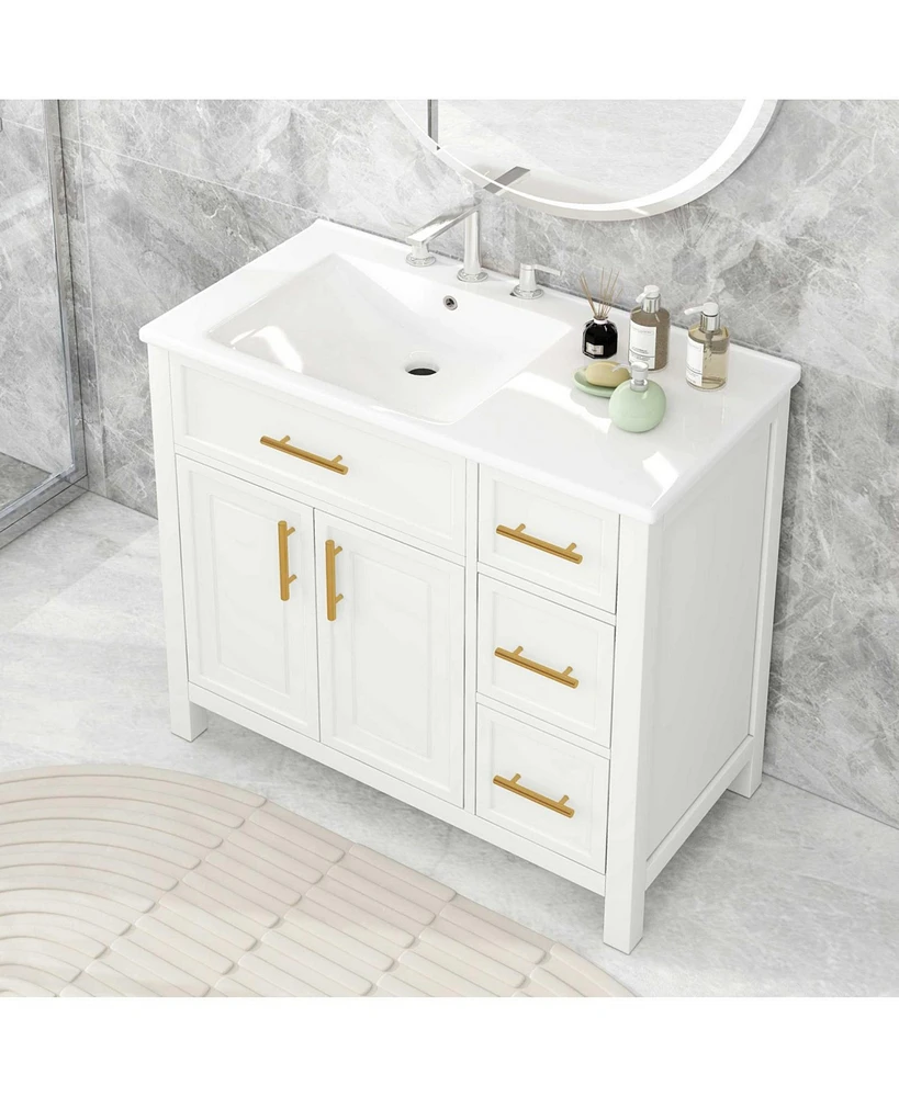 36" White Bathroom Vanity with Solid Wood and Mdf Cabinet, Sink Top, 2 Doors, 3 Drawers