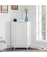 White Bathroom Cabinet Triangle Corner Storage Cabinet with Adjustable Shelf Modern Style Mdf Board