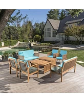 Outdoor Acacia Wood Sofa Set with Water Resistant Cushions, 8-Pcs Set