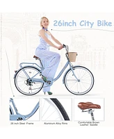 7 Speed City Bike With Basket, Steel Frame,Multiple Colors 26 Inch Girls Bicycle