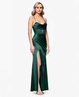 Blondie Nites Juniors' Satin Corset-Waist Draped-Neck Gown