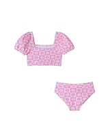 Toddler/Child Girls Smiley Print Textured Puff Sleeve Bikini