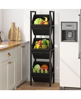 Tribesigns 3-Tier Basket Stand, Wood Snack Rack with Baskets, Rustic Vertical Fruit Stand Standing Storage Tower Organizer for Kitchen Bathroom Living