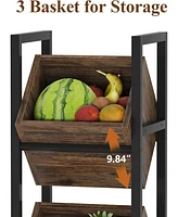 Tribesigns 3-Tier Basket Stand, Wood Snack Rack with Baskets, Rustic Vertical Fruit Stand Standing Storage Tower Organizer for Kitchen Bathroom Living