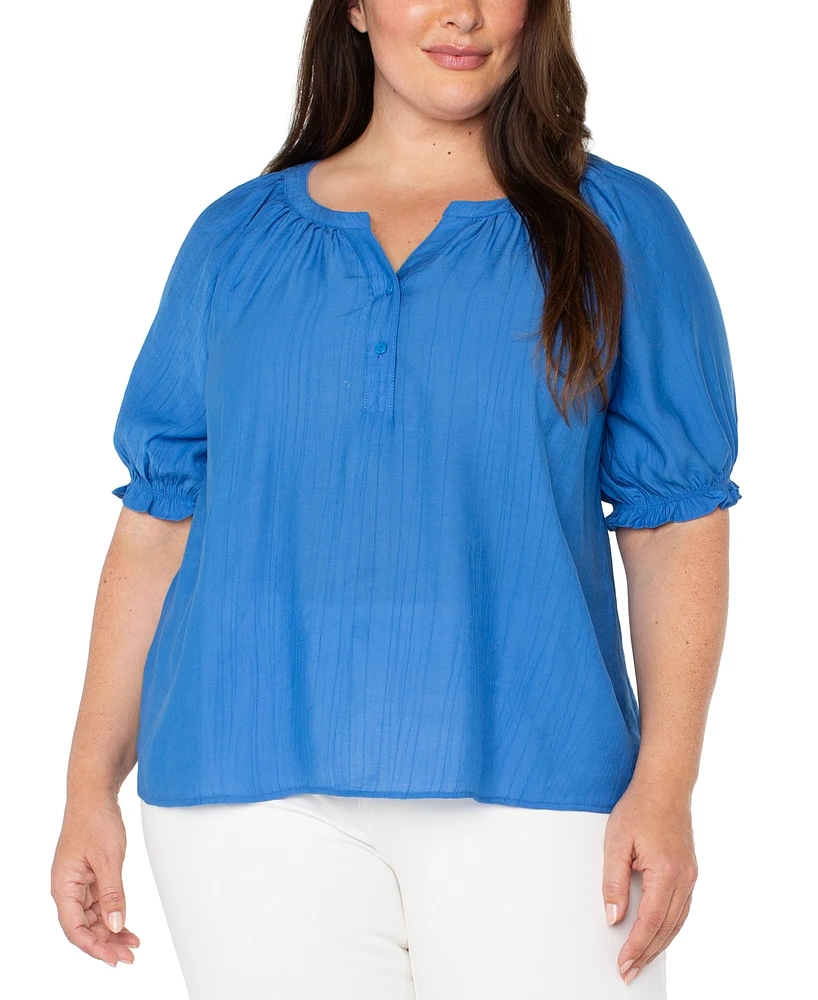 Liverpool Plus Woven Split-Neck Puff-Sleeve Blouse
