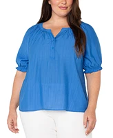 Liverpool Plus Woven Split-Neck Puff-Sleeve Blouse