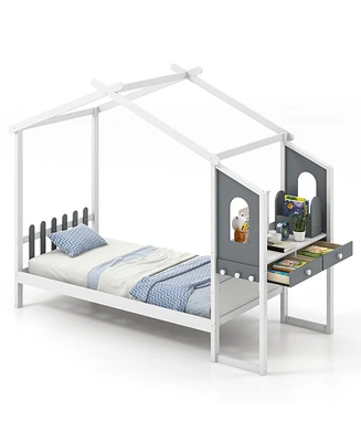 Gouun Twin Bed Frame with House Roof Canopy and Fence for Kids-Twin Size