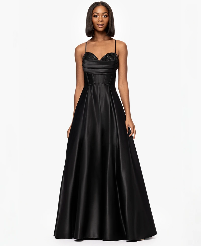 Blondie Nites Juniors' Rhinestone Draped-Neck Corset Gown