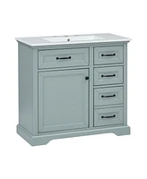 36" Bathroom Vanity with Sink, Ceramic Sink, 2 Tip-out Drawers, Soft Close Door Hinges, Grey