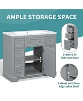 36" Bathroom Vanity with Sink Combo, One Cabinet and Six Drawers, Solid Wood and Mdf Board, Grey