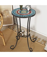 Patio Side Table with Shelf,Blue+Black