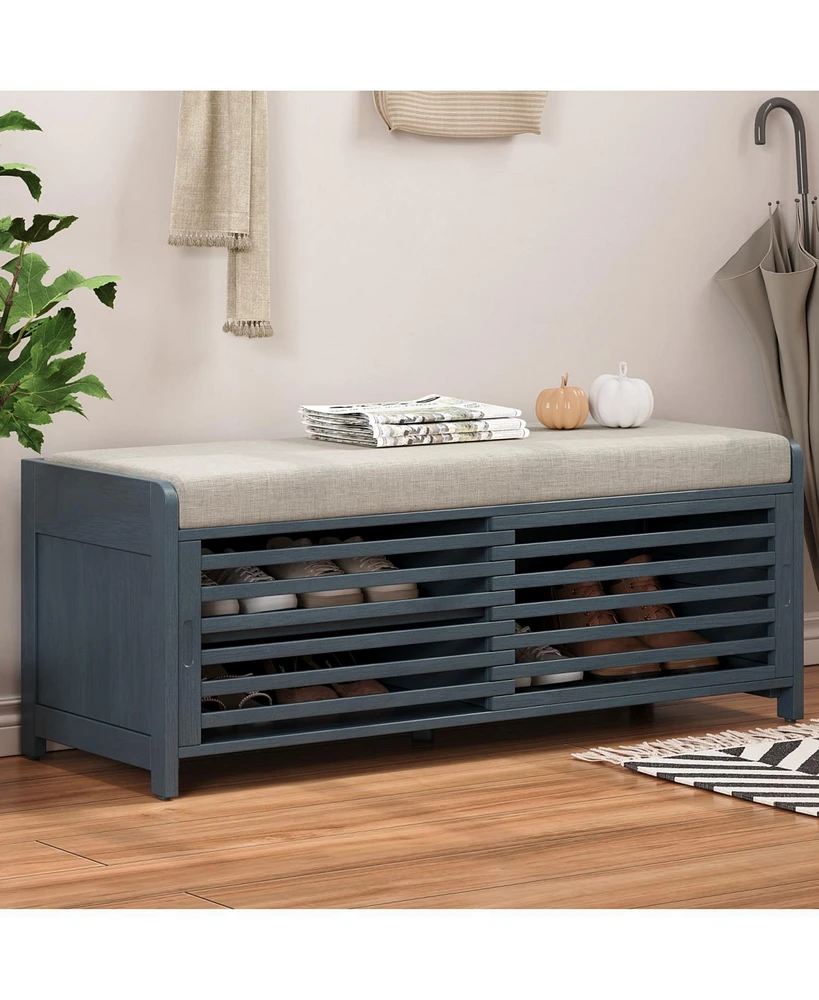 Distressed Shutter Storage Bench with Acacia Veneer for Retro Charm for Living Room, Entryway (Navy)