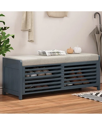 Distressed Shutter Storage Bench with Acacia Veneer for Retro Charm for Living Room, Entryway (Navy)