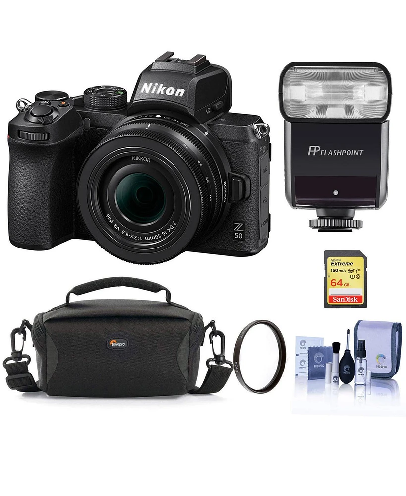 Nikon Nikon Z 50 Dx-format Mirrorless Camera Body with Nikkor 16-50mm f/3.5-6.3 Vr Lens, Flash Bundle with Flashpoint Ttl Flash, Case, 64GB Sd Card, U