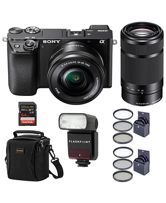 Sony Sony Alpha A6100 Mirrorless Digital Camera, with 16-50mm and 55-210mm Lens (Black) Flash Bundle with Flashpoint Zoom-Mini Ttl R2 Flash, Bag, Filt