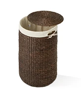 Casafield Round Laundry Hamper with Lid and Removable Liner Bag - Espresso, Woven Water Hyacinth Basket for Clothes