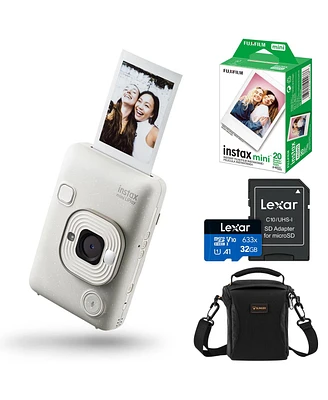 Fujifilm Instax Mini LiPlay Hybrid Instant Camera, Misty White, Bundle with 20 Exposures Film Pack, 32GB Uhs-i microSDHC Memory Card and Shoulder Bag