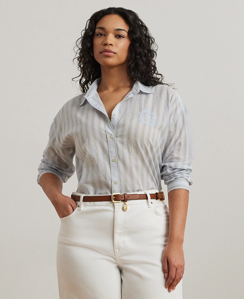 Lauren Ralph Plus Oversize Striped Cotton Voile Shirt