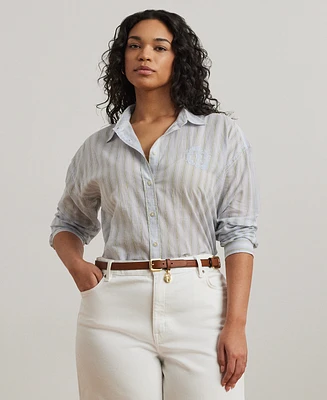 Lauren Ralph Plus Oversize Striped Cotton Voile Shirt