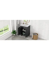 24" Black Modern Sleek Bathroom Vanity Elegant Ceramic Sink with Solid Wood Frame, Adjustable Shelf