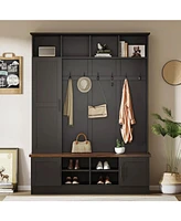 3-in-1 Hall Tree Bench with Storage, 6 Hooks, Adjustable Shelves, 55"W