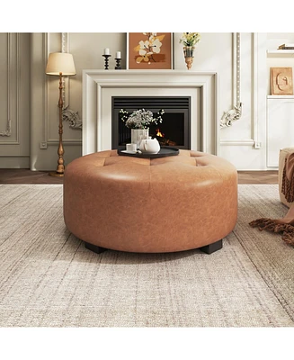 Upholstered Button Tufted Round Ottoman, Pu, Orange Brown