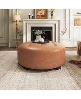 Upholstered Button Tufted Round Ottoman, Pu, Orange Brown