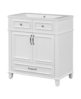 30" Resin Sink Vanity with Solid Wood Frame Cabinet, Retro White