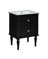 24" Solid Wood Bathroom Vanity Cabinet with Sink and 2 Drawers, Black