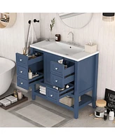 36" Bathroom Vanity with Sink Combo, One Cabinet and Three Drawers, Solid Wood and Mdf Board, Blue