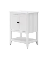 24" White Modern Sleek Bathroom Vanity Elegant Ceramic Sink with Solid Wood Frame Open Style Shelf