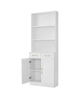 Bathroom Storage Cabinet, Cabinet with Two Doors and Drawers, Adjustable Shelf, Three-layer Open Shelf, Mdf Board, White