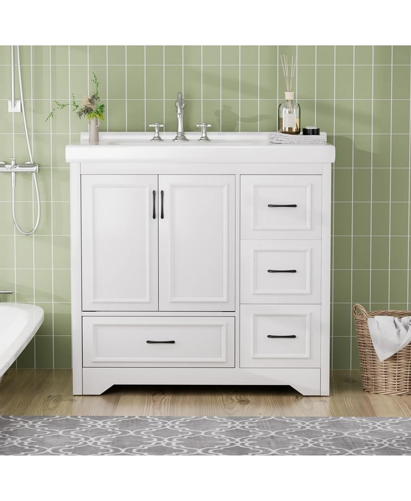 36" Bathroom Vanity with Sink, 2 Doors, 4 Drawers (White, 35.8"W x 19.7"D x 35.4"H)