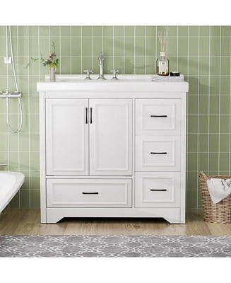 36" Bathroom Vanity with Sink, 2 Doors, 4 Drawers (White, 35.8"W x 19.7"D x 35.4"H)