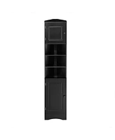 Multi-Functional Corner Cabinet Tall Bathroom Storage Cabinet with Two Doors and Adjustable Shelves, Open Shelf, Black