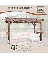 13' x 6.5' Wooden Pergola Grill Gazebo with Metal Roof & Bulbs & Bar Counters