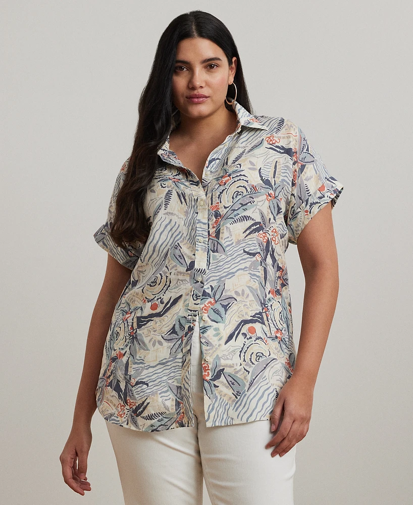 Lauren Ralph Plus Relaxed-Fit Print Short-Sleeve Linen Shirt