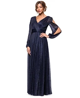 Betsy & Adam Petite Long-Sleeve V-Neck Crinkle Gown